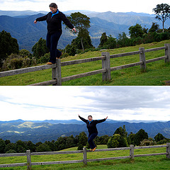 Viv balancing on a fence on the edge of the Dorrigo Plateau, 2009